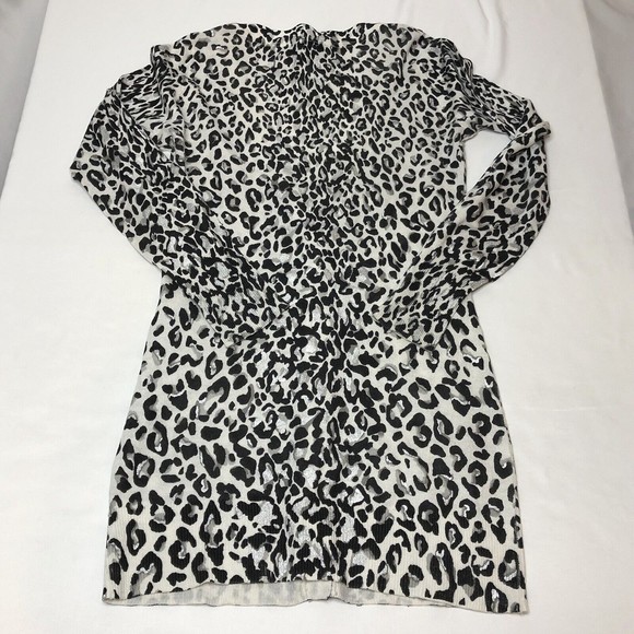 White House Black Market SMALL Long Cardigan Sweater Leopard Print Silver Button - Picture 2 of 11
